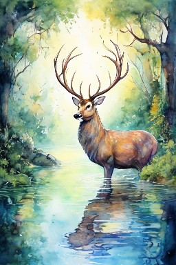 THE STAG LOOKING INTO THE WATER