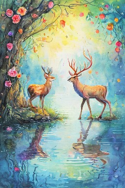 THE STAG LOOKING INTO THE WATER