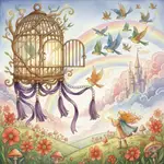 A Bird Cage with Tassels of Purple and Pearls