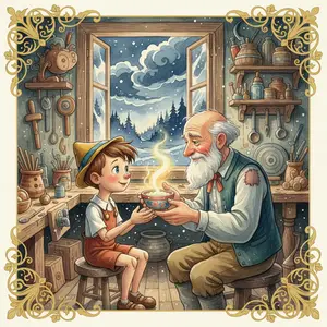 GEPPETTO GIVES HIS OWN BREAKFAST to PINOCCHIO