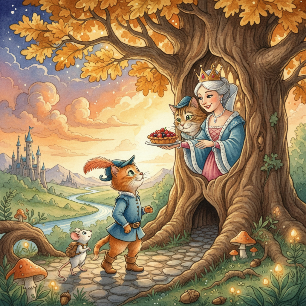 PUSS LEARNS WHERE HIS FATHER IS and RECEIVES a TART from the QUEEN