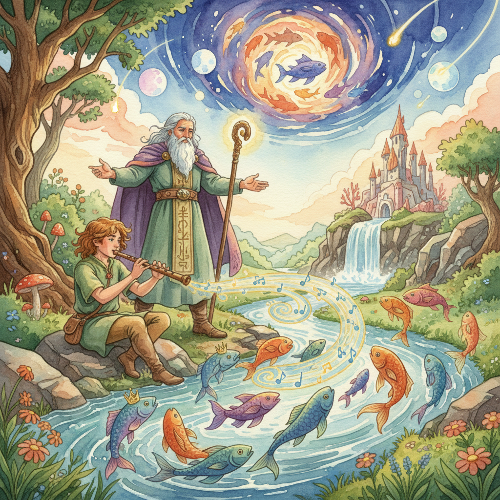 LES POISSONS ET LE BERGER QUI JOUE DE LA FLUTE